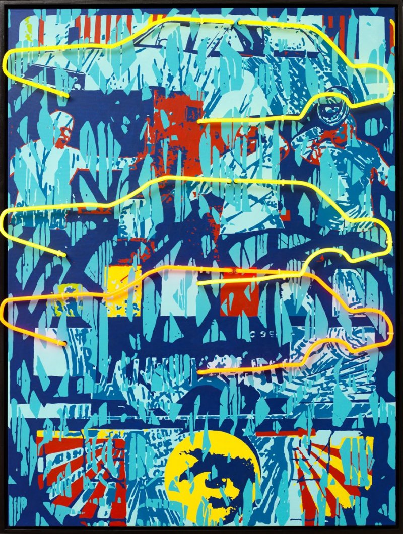 Vehikl, Vehicle, akryl na plátně, neon, acrylic on canvas, neon, 160 x 120 cm, 2018
