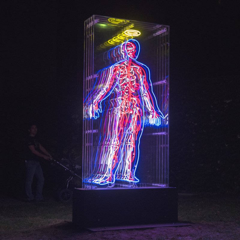 Zjevení, Revelation, neonové trubice, kombinovaná technika, neon lights, mixed media, 200 x 100 x 50 cm, 2018