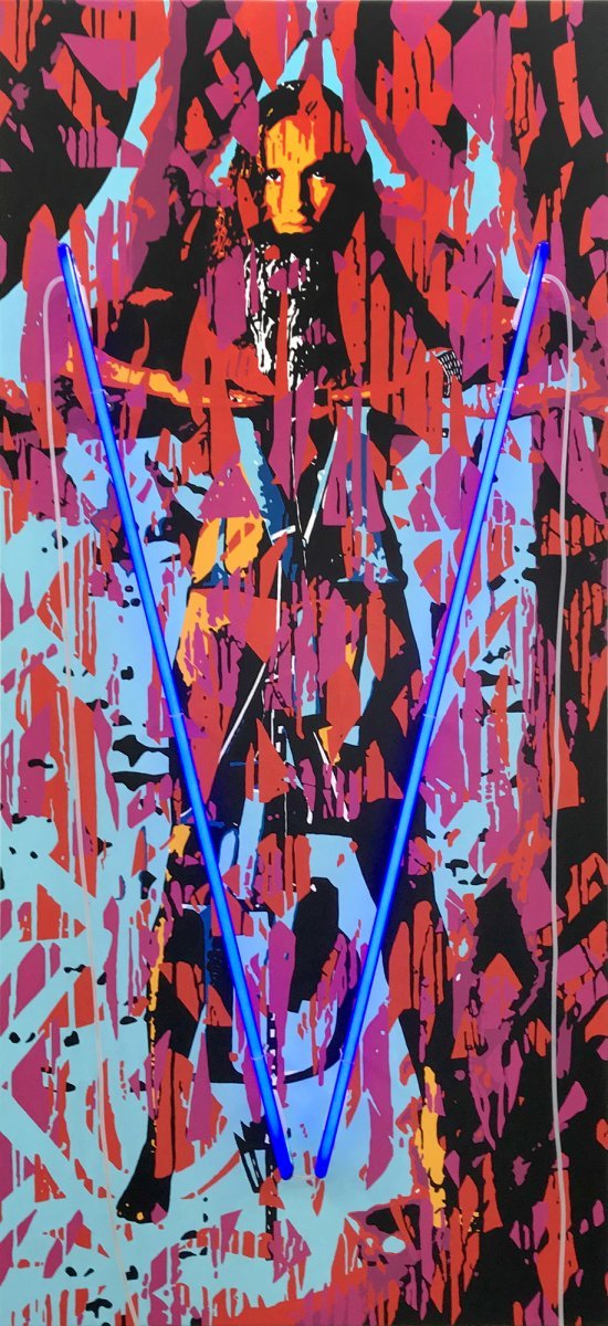 Vrána, akryl na plátně, neon, 200 x 100 cm, 2019