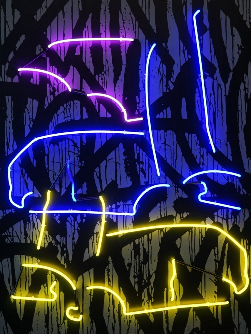 Bouračka online 2, akryl na plátně, neonové trubice, 160 x 120 cm, 2019