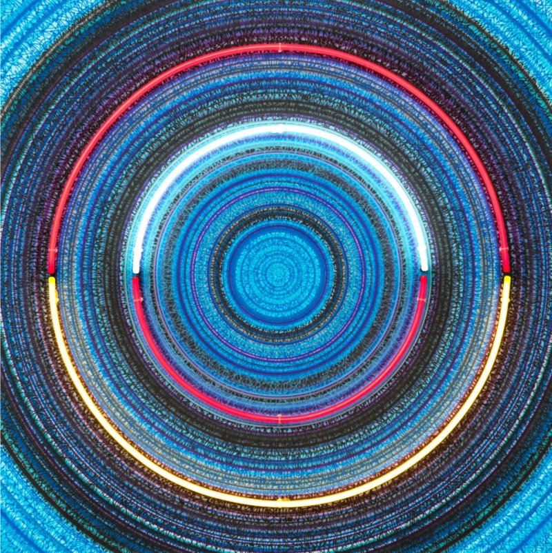 Žádné hodiny, No Clock, airbrush na plátně, neonové trubice, airbrush on canvas, neon light, 110 x 110 cm, 2017