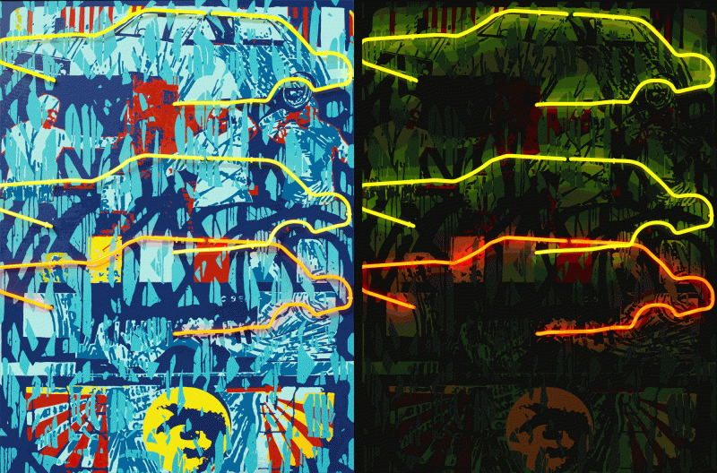 Vehikl, Vehicle, akryl na plátně, neonové trubice, acrylic on canvas, neon light, 160 x 120 cm, 2018