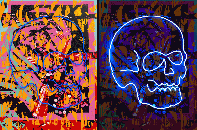Prášky, Pills, akryl na plátně, neonové trubice, acrylic on canvas, neon light, 160 x 120 cm, 2018