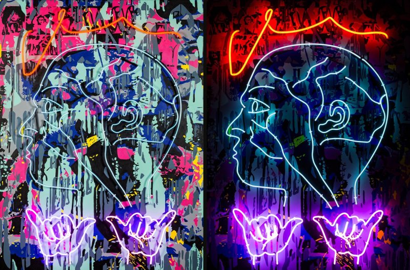 Mozek, akryl na plátně, neonové trubice, 160 × 120 cm, 2020