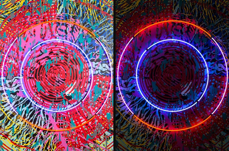 Oko, akryl na plátně, neonové trubice, 160 × 120 cm, 2020