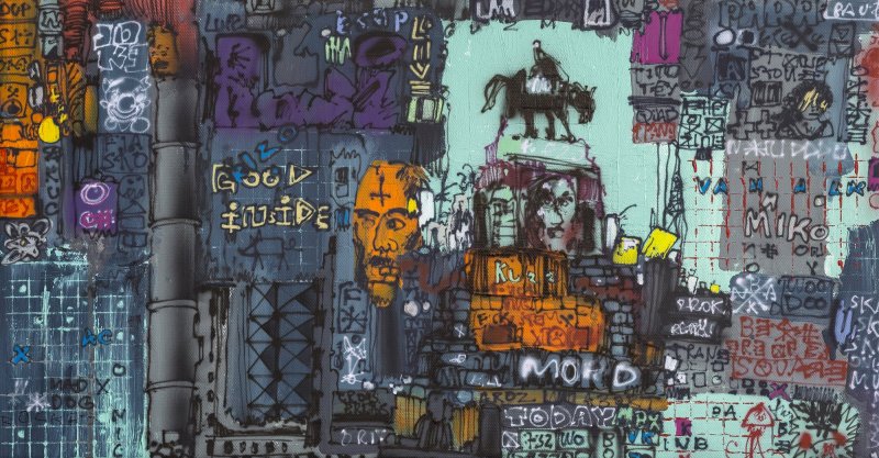 Riot, airbrush a akryl na plátně, 34 x 65 cm, 2020