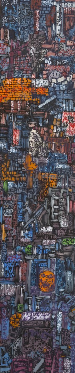 Vertikální favela, airbrush a akryl na plátně, 145 x 30 cm, 2020