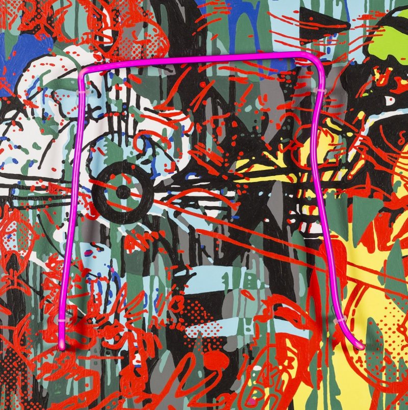 N, airbrush a akryl na plátně, neon, 60 x 60 cm, 2021