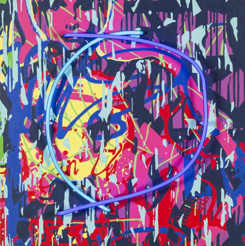 O, airbrush a akryl na plátně, neon, 60 x 60 cm, 2021