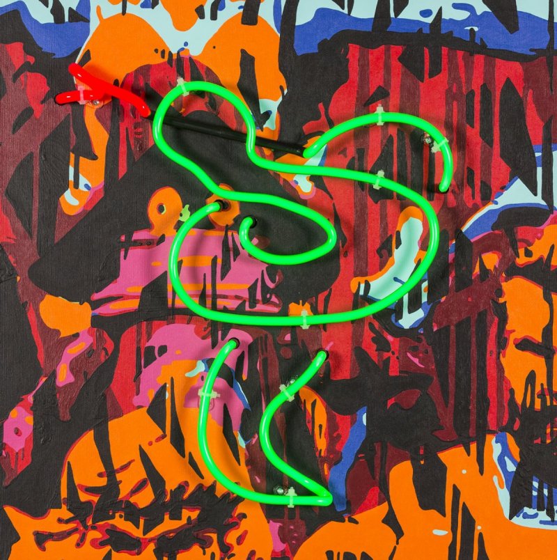 SNAKE, airbrush a akryl na plátně, neon, 60 x 60 cm, 2021