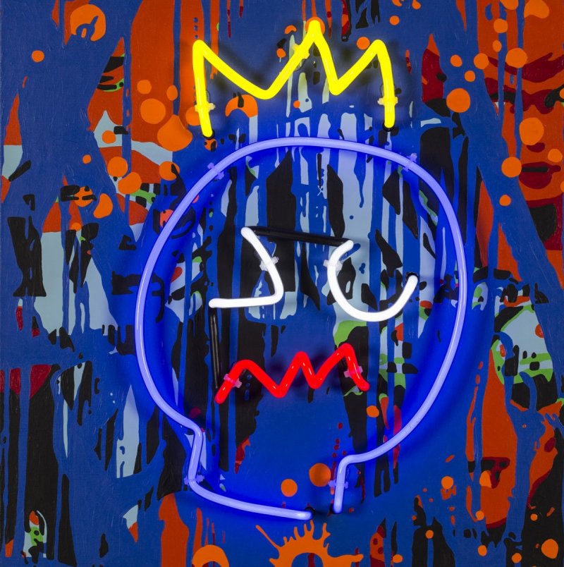 KING, airbrush a akryl na plátně, neon, 60 x 60 cm, 2021
