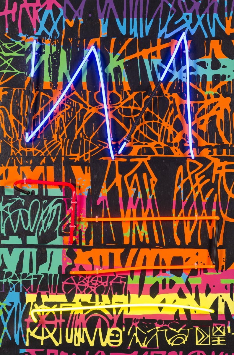 Wall, airbrush a akryl na plátně, neon, 120 x 60 cm, 2022