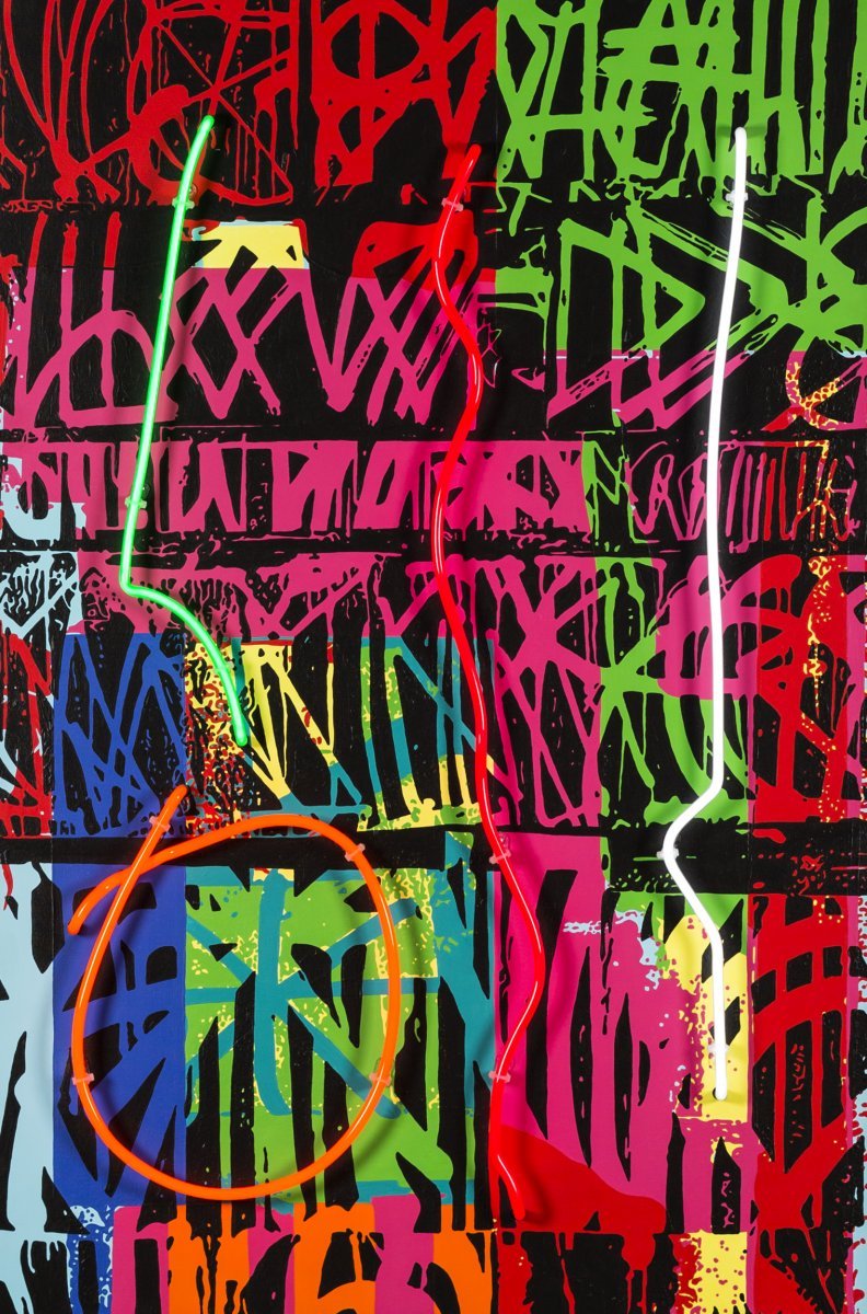 !, airbrush a akryl na plátně, neon, 120 x 60 cm, 2022