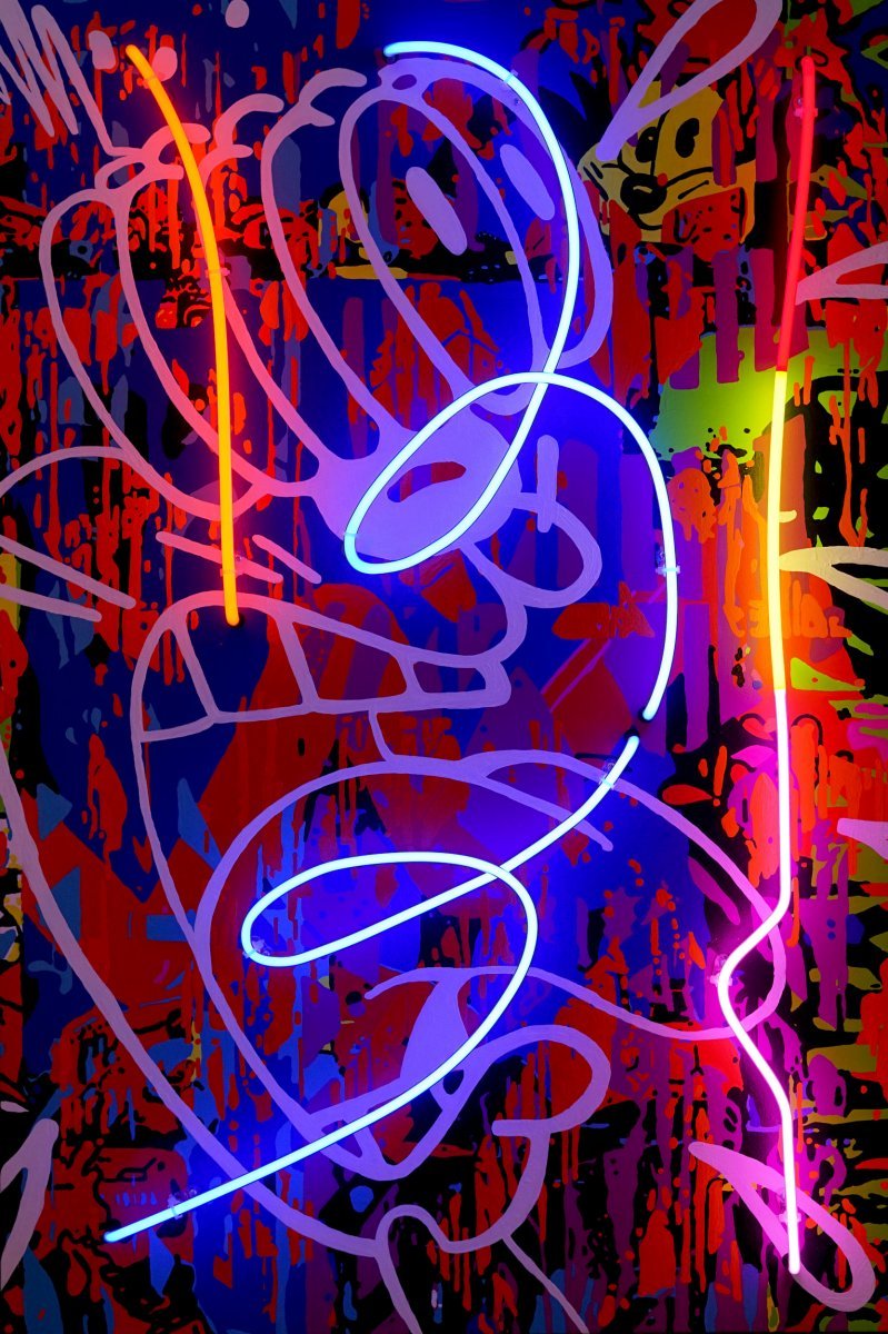 Squeak, airbrush a akryl na plátně, neon, 120 x 60 cm, 2022