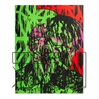 Zelený portrét s lebkou, Green Portrait with a Skull, akryl na plátně, drát, acrylic on canvas, wire, 140 x 110 cm, 2018