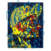 Modrá Raketa, Blue Rocket, akryl na plátně, drát, acrylic on canvas, wire, 140 x 110 cm, 2018