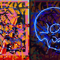 Prášky, Pills, akryl na plátně, neonové trubice, acrylic on canvas, neon light, 160 x 120 cm, 2018