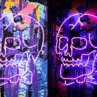 Motýlek, akryl na plátně, neonové trubice, 150 × 100 cm, 2019