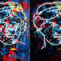 3 2 1 strart, akryl na plátně, neonové trubice, 160 × 120 cm, 2020