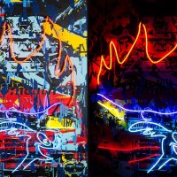 Acme, akryl na plátně, neonové trubice, 160 × 120 cm, 2020