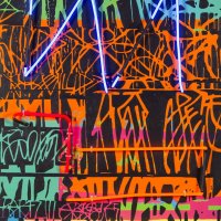 Wall, airbrush a akryl na plátně, neon, 120 x 60 cm, 2022