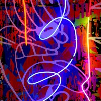 Squeak, airbrush a akryl na plátně, neon, 120 x 60 cm, 2022