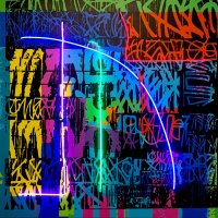 Amor, airbrush a akryl na plátně, neon, 180 x 180 cm, 2022